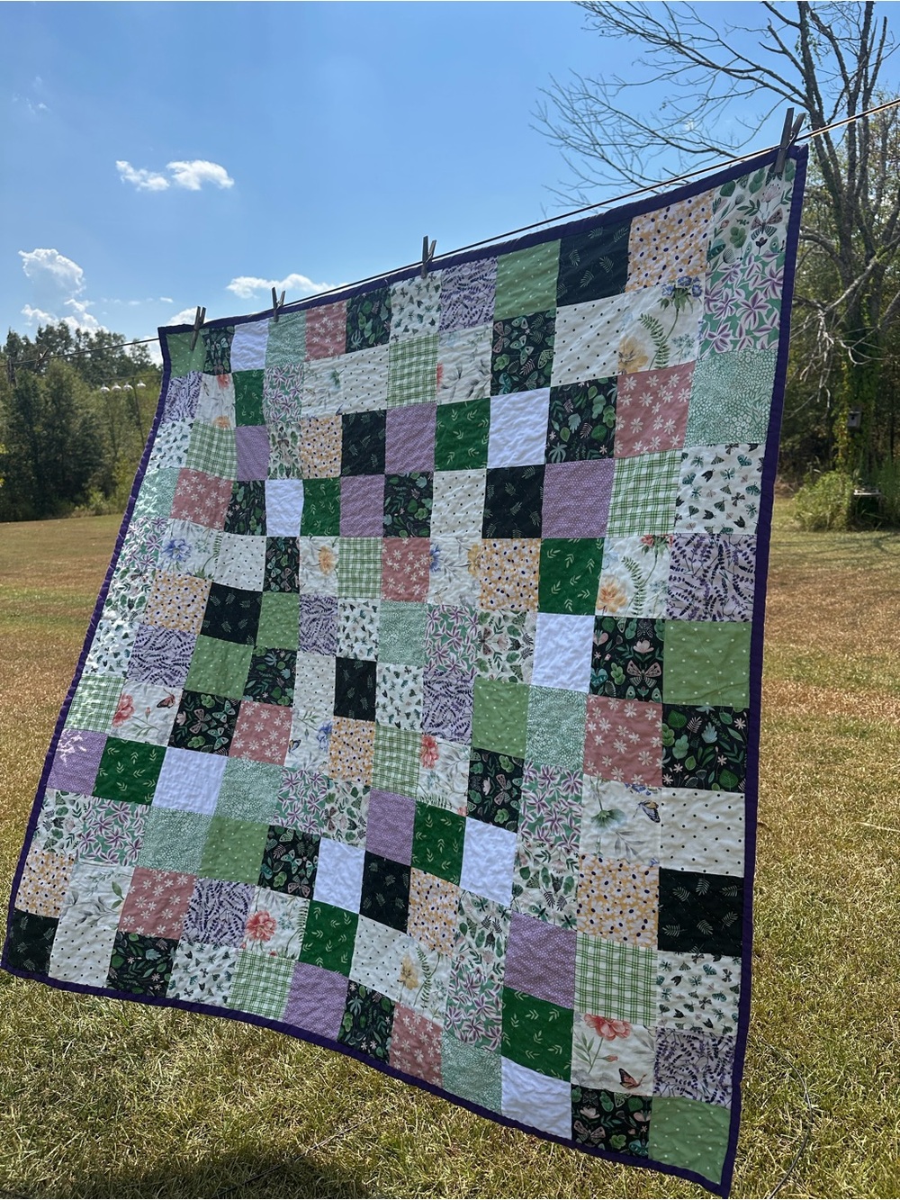 Handmade Patchwork Quilt in Green, Lavender, Pink, Cream